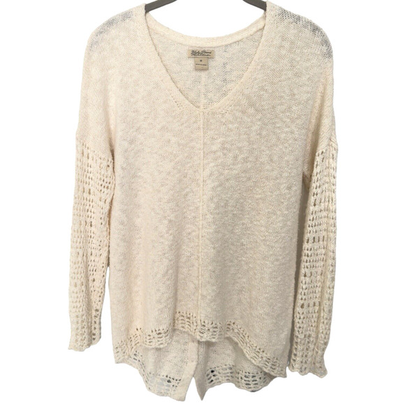 Lucky Brand Ivory Pullover Sweater Womens Sz M V Neck Open Knit Sleeves Buttons - Picture 1 of 7
